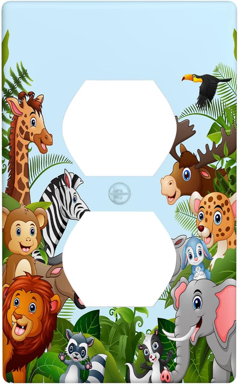 Czrouz Cartoon Forest Animals 1 Gang Duplex Light Switch Cover, Cute Elephant Giraffe Lion Outlet Covers Wall Plate Decorative Electrical Receptacle Faceplate for Kitchen Bathroom Home Art Wall Panel Decor - Image 1